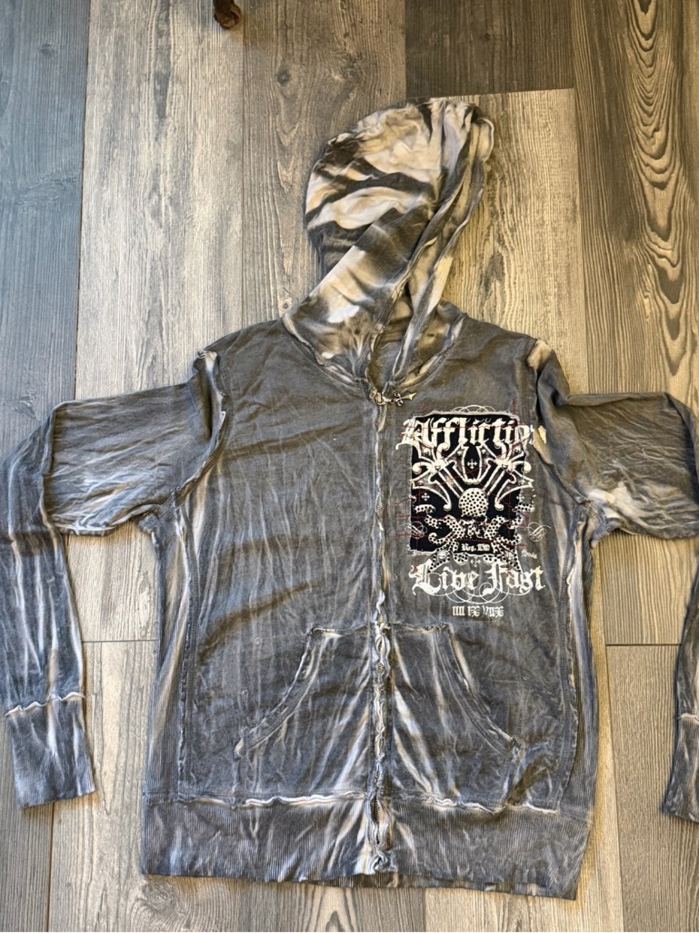 Affliction Gray and White Tie-Dye Zip Hoodie